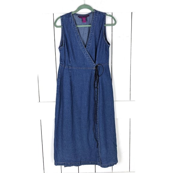 90s vintage blue cotton jean denim sleeveless long maxi wrap dress PM - Picture 2 of 5